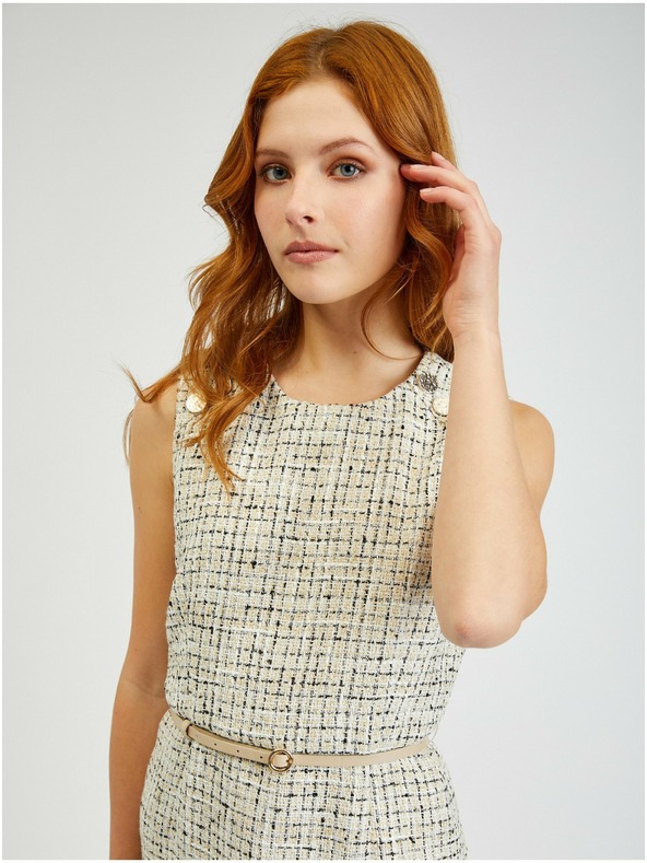 Orsay Кремава дамска рокля с колан и десен ORSAY