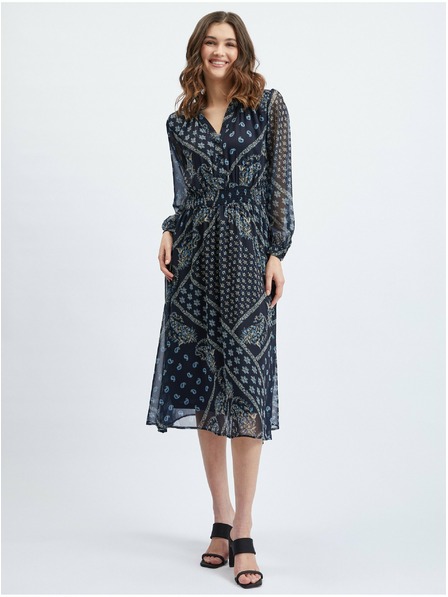 Orsay Тъмносиня дамска миди рокля с десен ORSAY