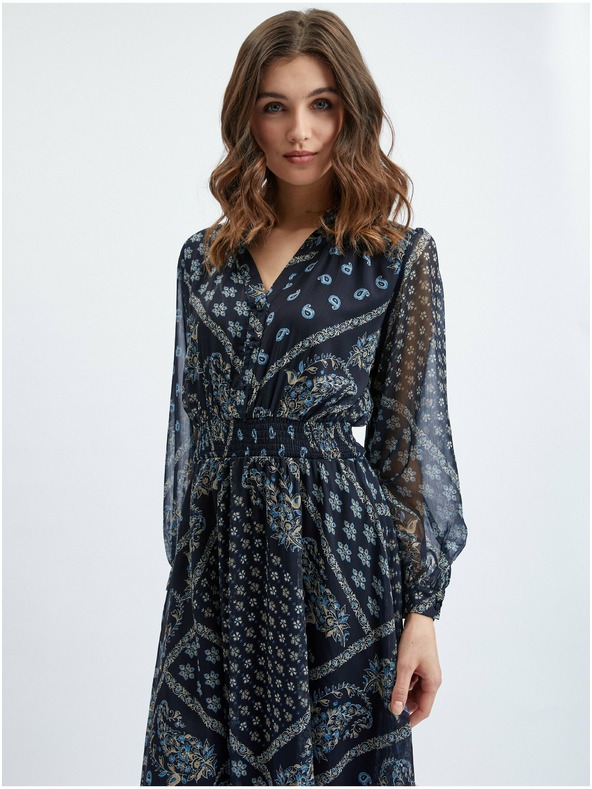 Orsay Тъмносиня дамска миди рокля с десен ORSAY