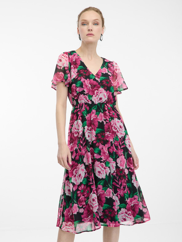Orsay Черно-розова дамска рокля на цветя ORSAY
