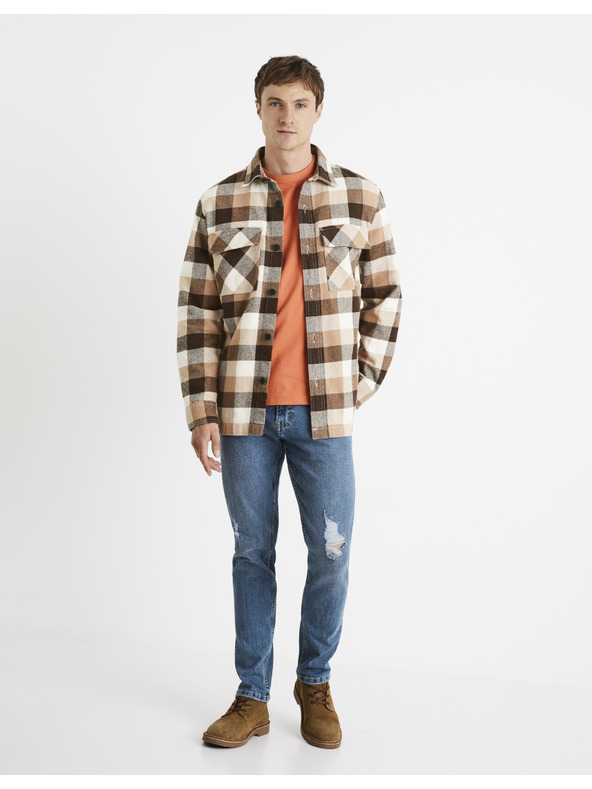 Celio Кафява мъжка карирана риза Celio Caochecky