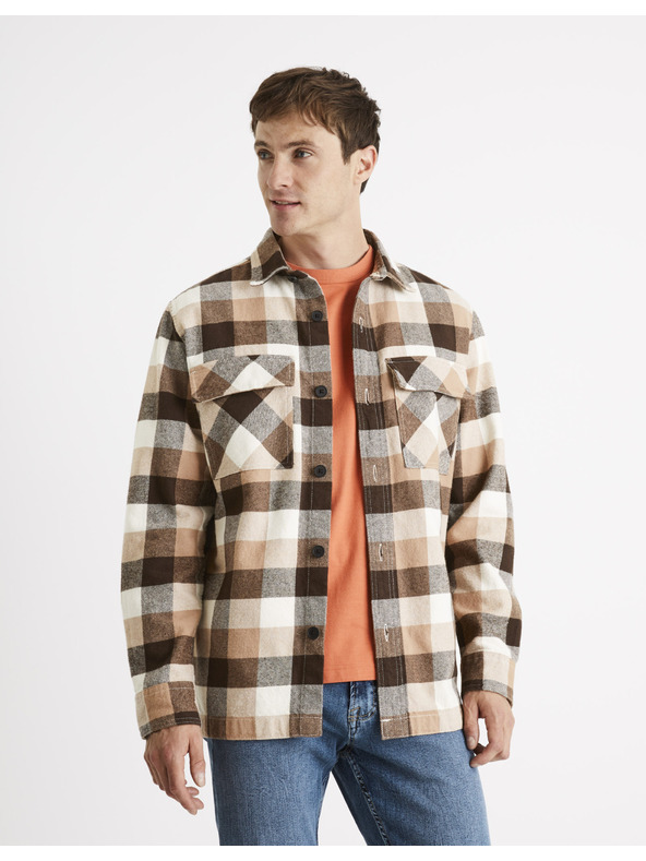 Celio Кафява мъжка карирана риза Celio Caochecky