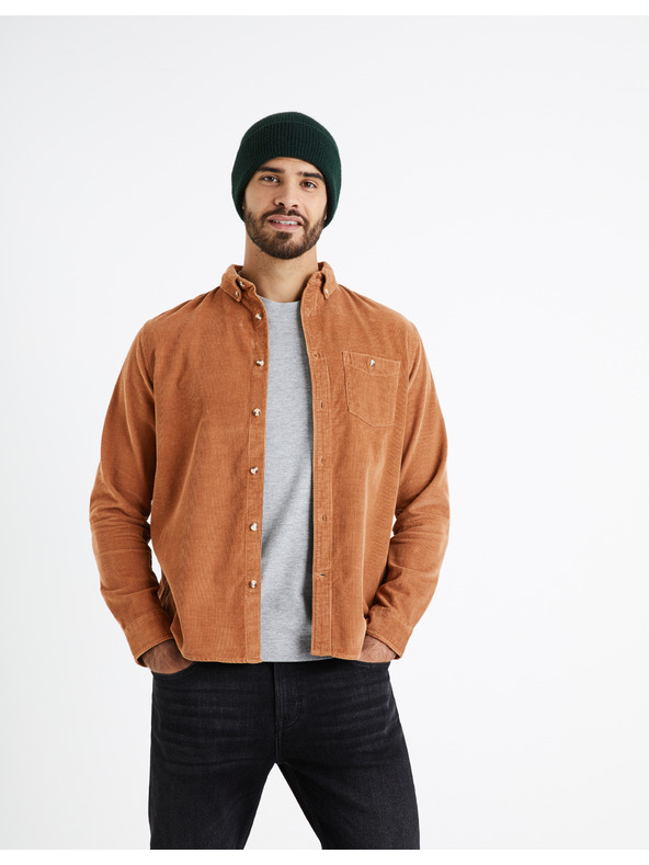Celio Кафява мъжка риза от велур Celio Carduroys
