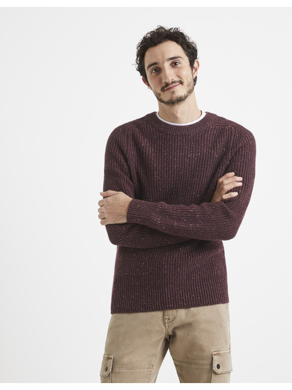 Celio Мъжки пуловер на райета в цвят бордо Celio