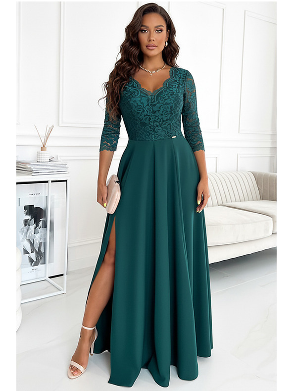 numoco Елегантна дантелена дълга рокля с деколте - зелена Numoco AMBER
