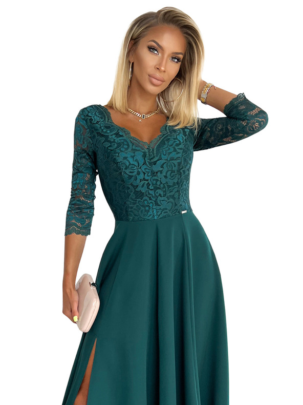 numoco Елегантна дантелена дълга рокля с деколте - зелена Numoco AMBER