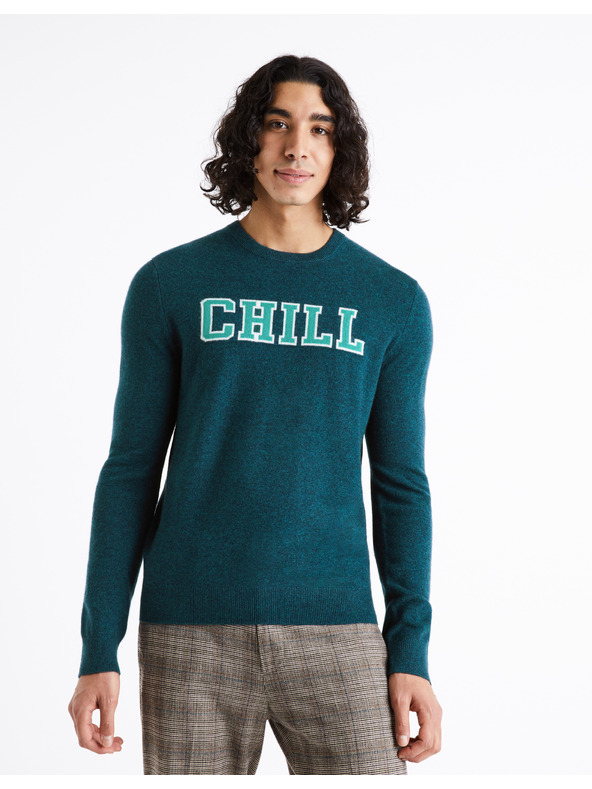 Celio Петролен мъжки пуловер от мериносова вълна Celio Cenormal