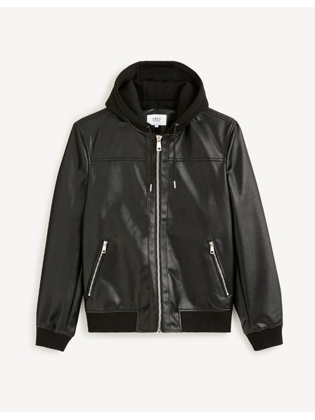 Celio Черно мъжко кожено яке с качулка Celio Fumati