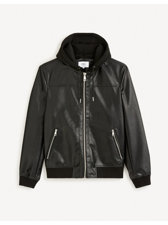 Celio Черно мъжко кожено яке с качулка Celio Fumati