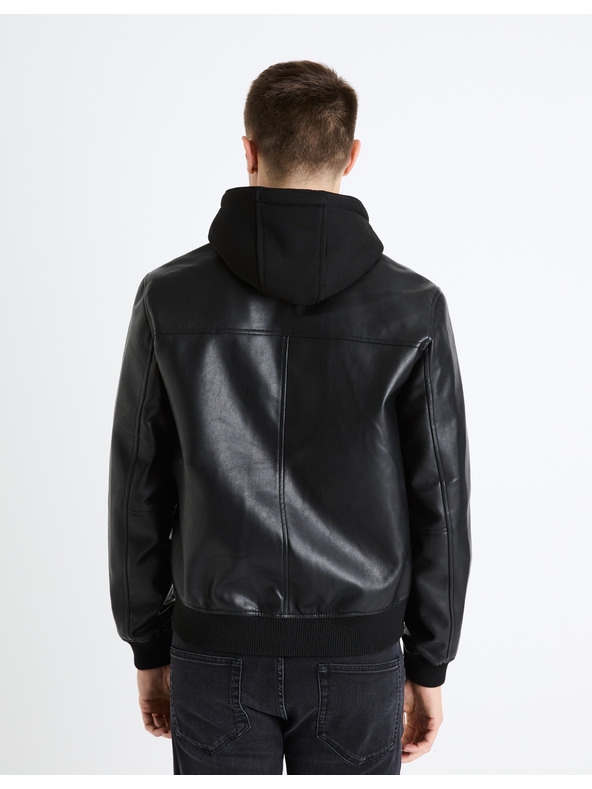 Celio Черно мъжко кожено яке с качулка Celio Fumati