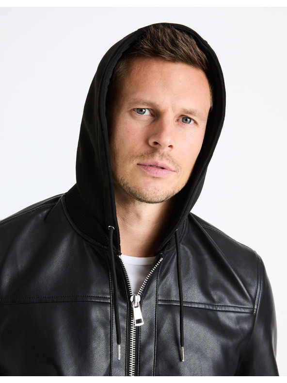 Celio Черно мъжко кожено яке с качулка Celio Fumati
