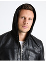 Celio Черно мъжко кожено яке с качулка Celio Fumati