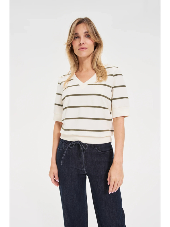 Moodo Блуза на райета с къси ръкави в цвят екрю Moodo