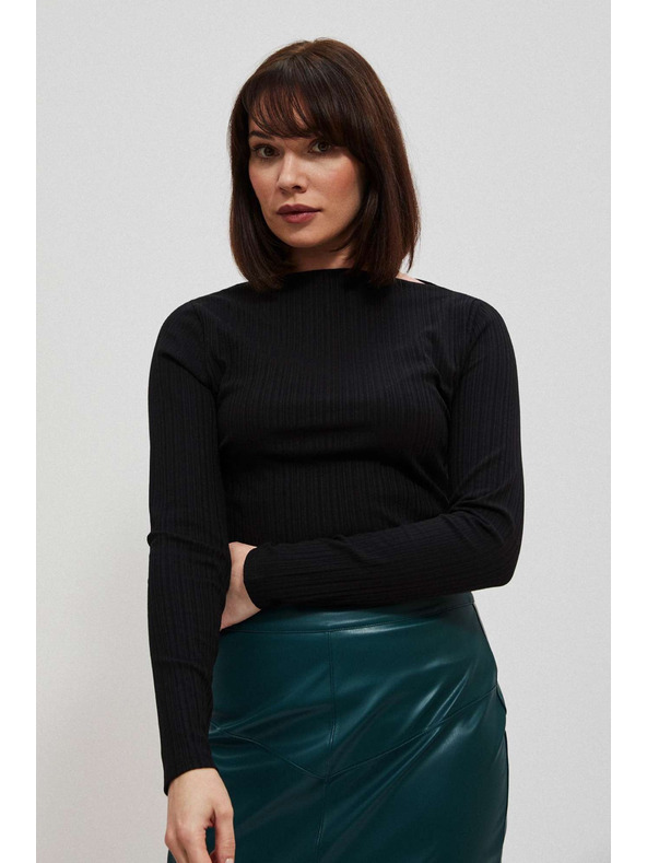 Moodo Прилепнала черна ребрана блуза с дълъг ръкав Moodo