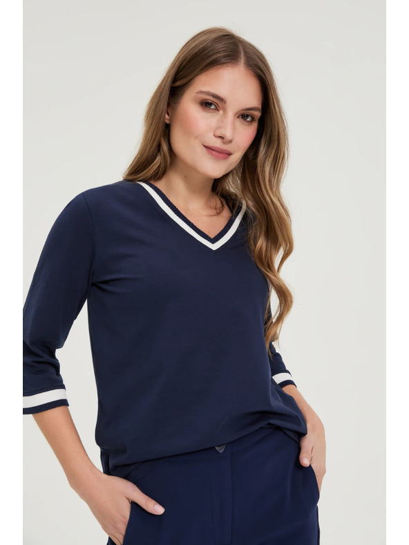 Moodo Памучна блуза с V-образно деколте в морско синьо Moodo