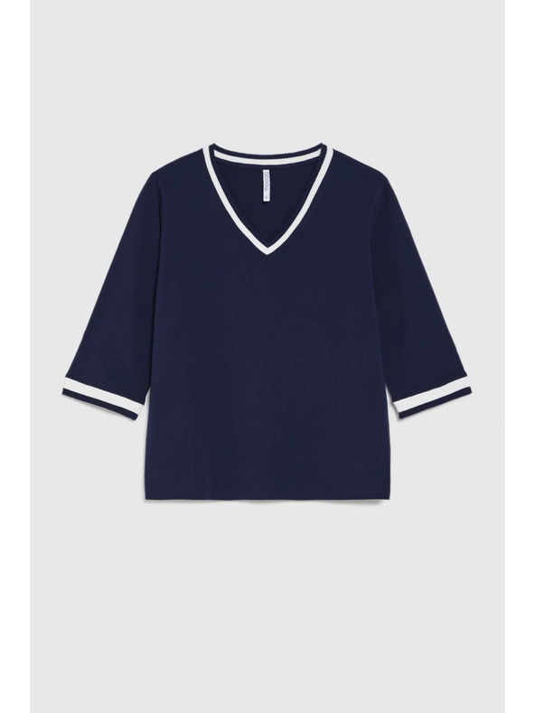 Moodo Памучна блуза с V-образно деколте в морско синьо Moodo