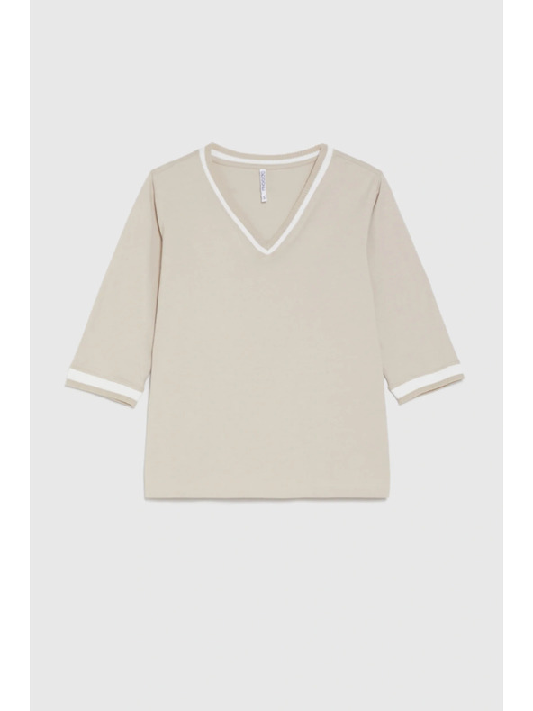 Moodo Памучна блуза с V-образно деколте в бежово Moodo