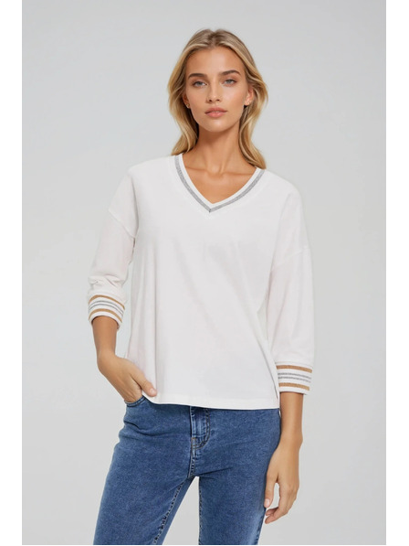 Moodo Памучен суитшърт с V-образно деколте в бяло Moodo