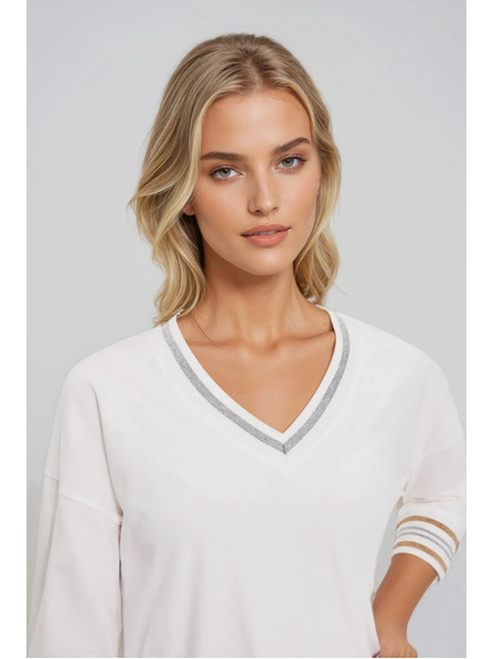 Moodo Памучен суитшърт с V-образно деколте в бяло Moodo