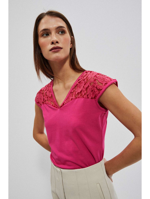 Moodo Розова блуза с V-образно деколте и дантела Moodo