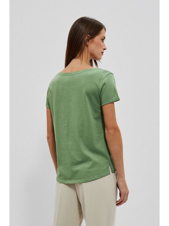 Moodo Памучна тениска с кръгло деколте и джобче в маслинено Moodo
