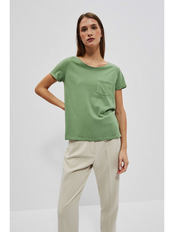 Moodo Памучна тениска с кръгло деколте и джобче в маслинено Moodo