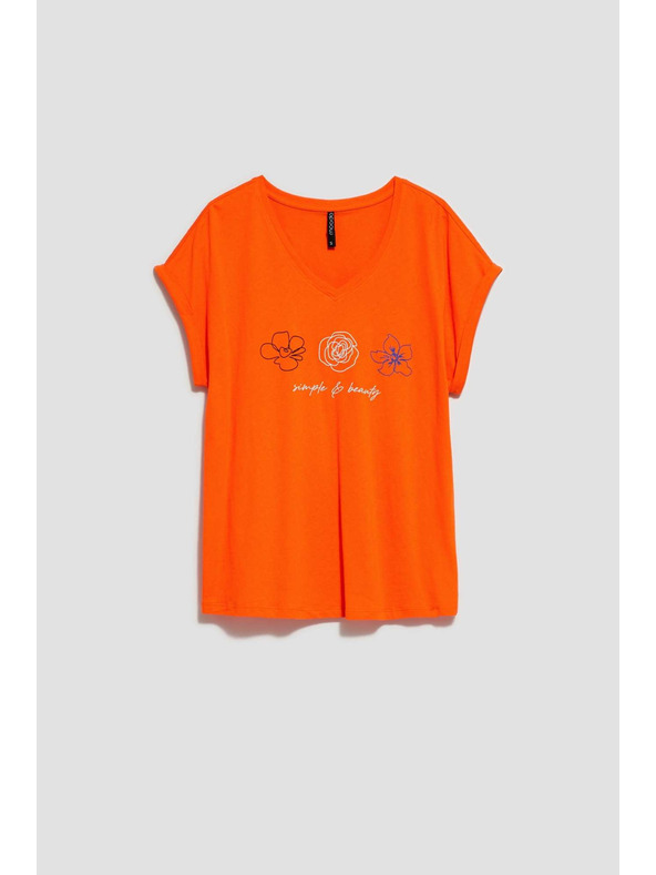 Moodo Тениска с V-образно деколте и принт в оранжево Moodo