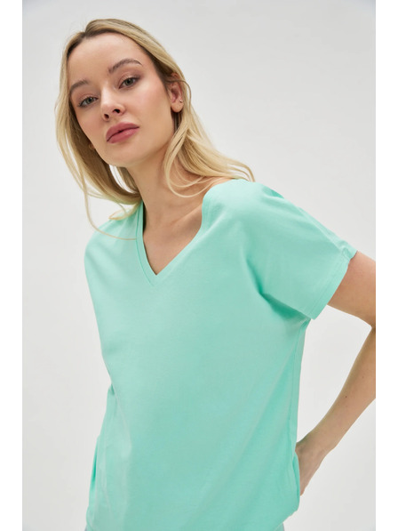 Moodo Памучна тениска с V-образно деколте в мента Moodo