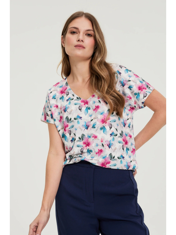 Moodo Бяла блуза с V-образно деколте Moodo