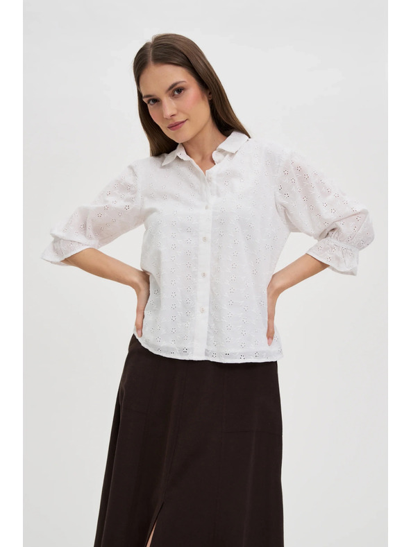 Moodo Бяла памучна блуза с обемни ръкави Moodo