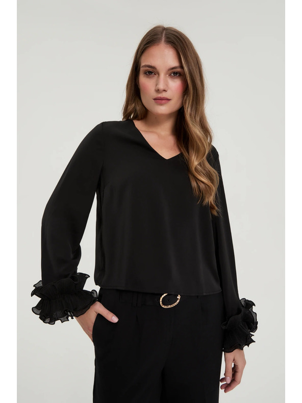 Moodo Черна риза с волани на ръкавите Moodo