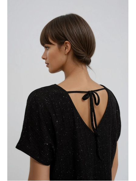 Moodo Лъскав топ с връзване на гърба черен Moodo