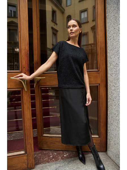 Moodo Лъскав топ с къс ръкав черен Moodo