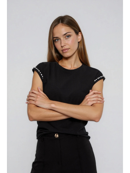 Moodo Памучна блуза с декорирани ръкави черна Moodo