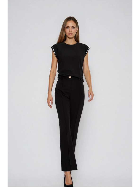 Moodo Памучна блуза с декорирани ръкави черна Moodo