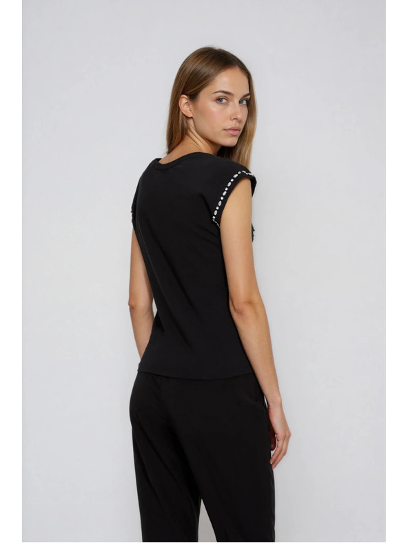 Moodo Памучна блуза с декорирани ръкави черна Moodo