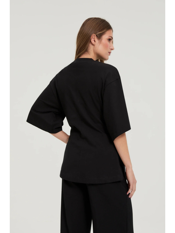 Moodo Памучна блуза с декоративно копче черна Moodo