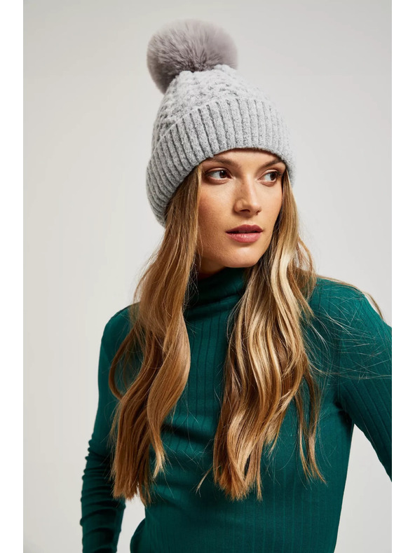 Moodo Шапка с кожен помпон сива Moodo