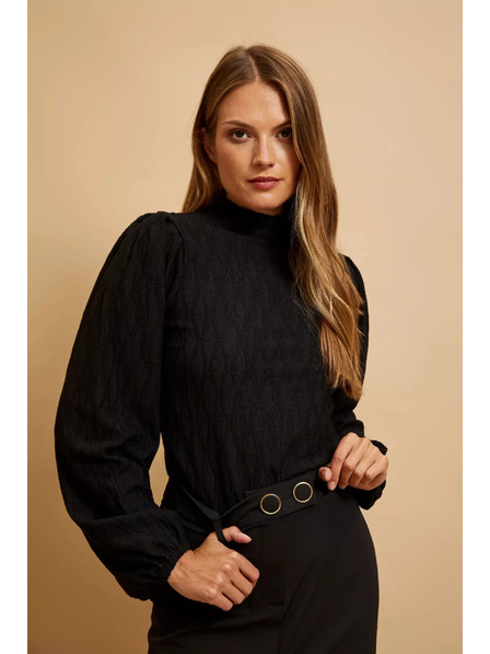 Moodo Черна блуза с поло деколте и обемни ръкави Moodo