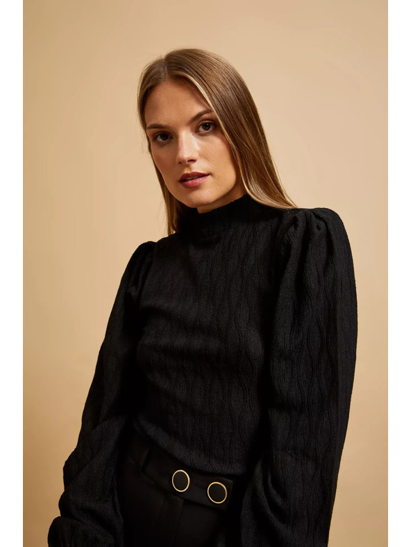 Moodo Черна блуза с поло деколте и обемни ръкави Moodo