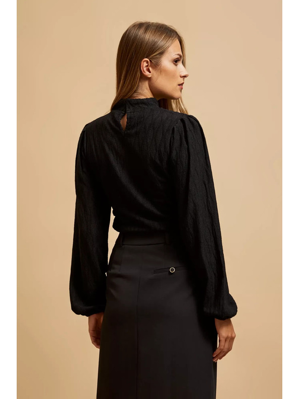 Moodo Черна блуза с поло деколте и обемни ръкави Moodo