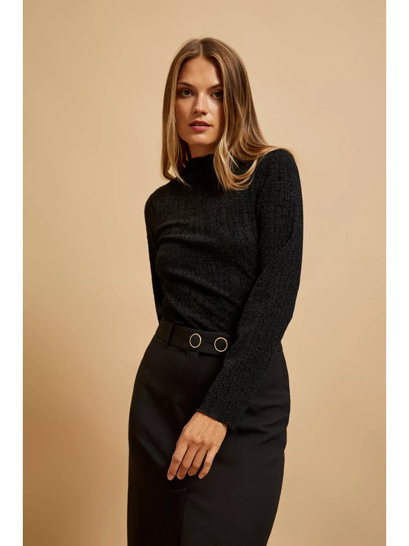 Moodo Черна блуза с поло деколте, декорирана с металически нишки Moodo