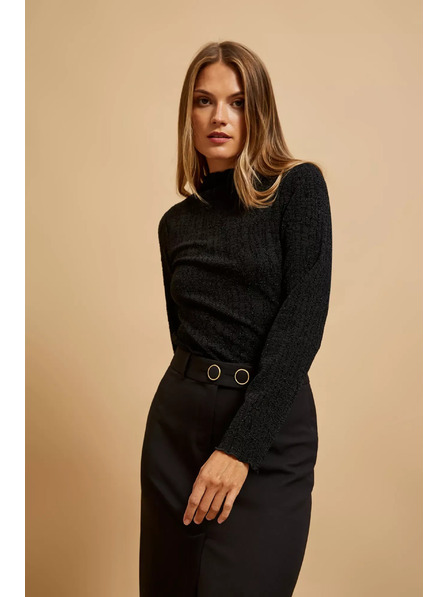 Moodo Черна блуза с поло деколте, декорирана с металически нишки Moodo