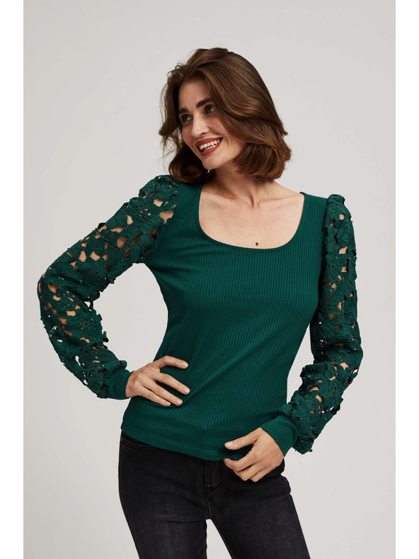 Moodo Смарагдова тениска с дантелени ръкави Moodo