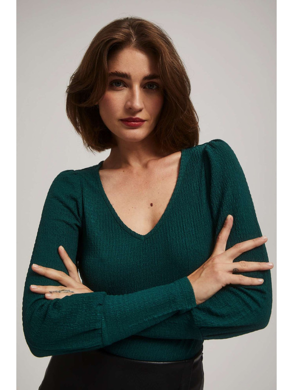 Moodo Смарагдова блуза с V-образно деколте Moodo