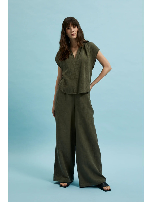 Moodo Маслинени памучни панталони с широки крачоли Moodo