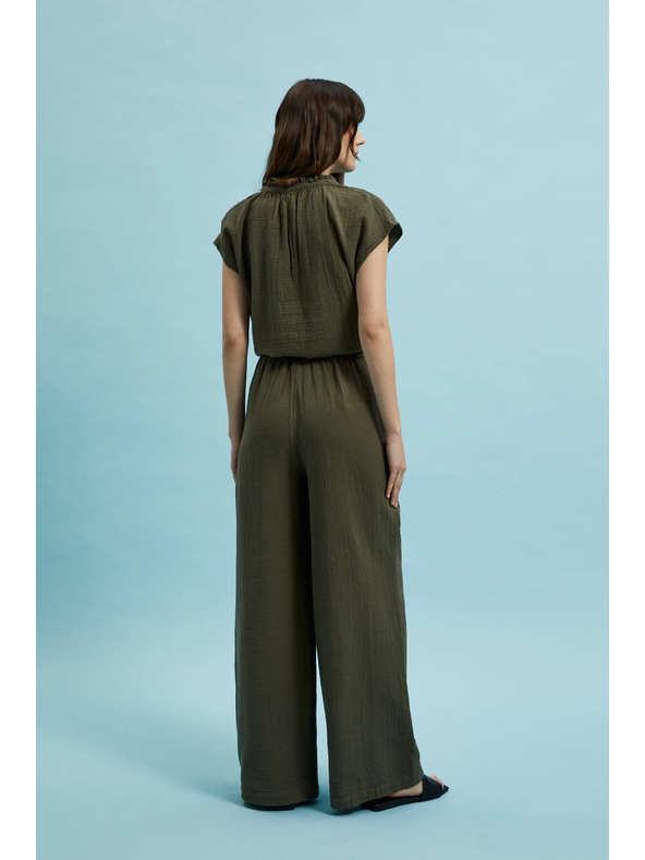 Moodo Маслинени памучни панталони с широки крачоли Moodo