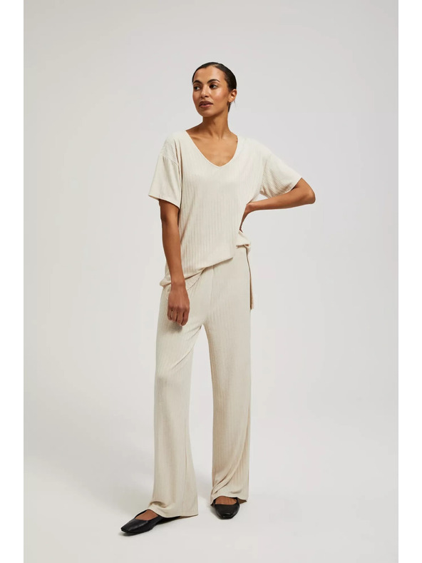 Moodo Бежови панталони от ребрест трикотаж Moodo