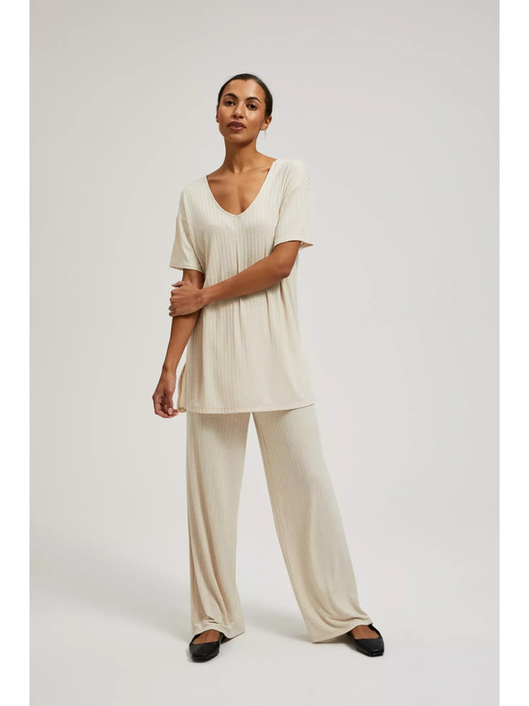 Moodo Бежови панталони от ребрест трикотаж Moodo