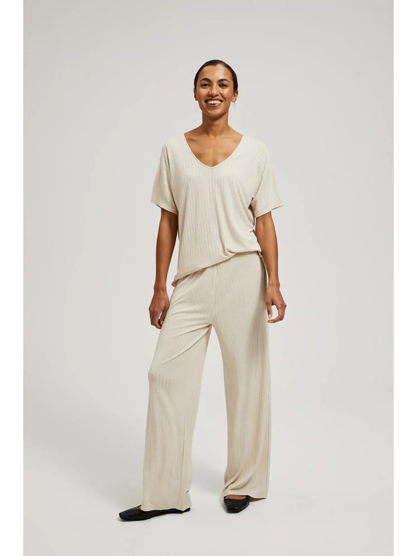 Moodo Бежови панталони от ребрест трикотаж Moodo